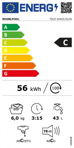 Whirlpool TDLR6040S EU/N felültöltős mosógép, 6kg, 1000 fordulat, kijelző, C, fehér - Felültöltős mosógép