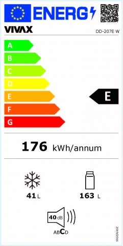 Vivax DD207EW felülfagyasztós hűtőszekrény, 163+41 liter E, fehér