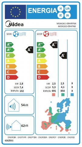 Midea MG2X-09-SP Xtreme Save, 2,6kW hűtő-fűtő oldalfali split klíma szett,  A++/A+, Wifi - Split klíma