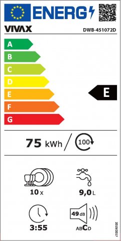 Vivax DWB451072D teljesen integrálható mosogatógép, 10 teríték, 7 program, E - Beépíthető mosogatógép