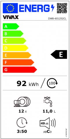Vivax DWB601252CL teljesen integrálható mosogatógép, 12 teríték, E - Beépíthető mosogatógép