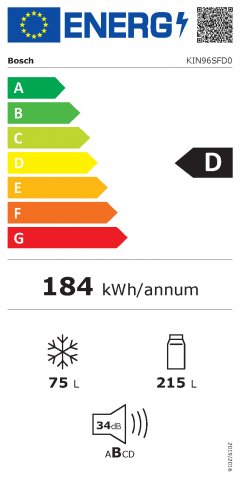 Bosch KIN96SFD0 Serie 4 beépíthető kombinált hűtőszekrény, 215+75 liter, NoFrost, D - Beépíthető hűtő, fagyasztó, borhűtő